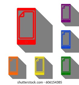 Protective sticker on the screen. Set of red, orange, yellow, green, blue and violet icons at white background with flat shadow.