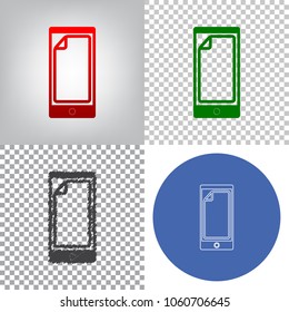 Protective sticker on the screen. Vector. 4 styles. Red gradient in radial lighted background, green flat and gray scribble icons on transparent and linear one in blue circle.