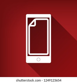 Protective sticker on the screen. Vector. White icon with limitless shadow at ruby red background.