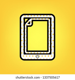 Protective sticker on the screen. Vector. Yellow polka dot white icon with black contour at warm yellow background.
