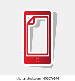 Protective sticker on the screen. Vector. New year reddish icon with outside stroke and gray shadow on light gray background.