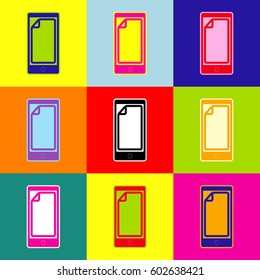 Protective sticker on the screen. Vector. Pop-art style colorful icons set with 3 colors.