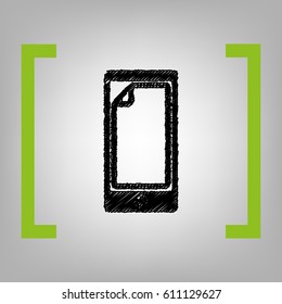 Protective sticker on the screen. Vector. Black scribble icon in citron brackets on grayish background.
