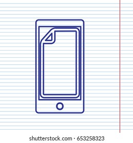 Protective sticker on the screen. Vector. Navy line icon on notebook paper as background with red line for field.