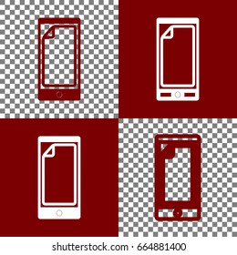 Protective sticker on the screen. Vector. Bordo and white icons and line icons on chess board with transparent background.