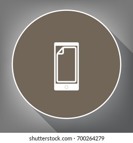 Protective sticker on the screen. Vector. White icon on brown circle with white contour and long shadow at gray background. Like top view on postament.