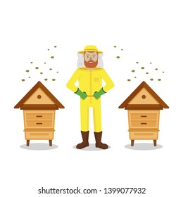 Protective Suit. Beekeeper Between Two Hive on White Background. Bees Flying near Hive. Stand near Hive. Apiary on White Background. Vector Illustration. Hobby Beekeeping. Man in Bee Protection Mask.