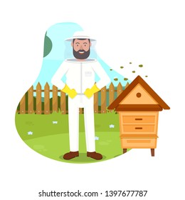 Protective Suit. Beemaster at Spiary. Breed Bees. Bees Flying near Hive. Beekeeper Costume. Beehive in Apiary. Apiary on White Background. Vector Illustration. Hobby Beekeeping. Man in Protection Mask