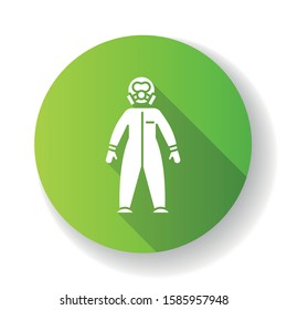 Protective suit green flat design long shadow glyph icon. Chemical industries. Biohazard, radioactive protection. Safety of worker. Organic chemistry. Vector silhouette illustration
