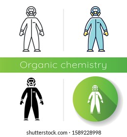 Protective suit icon. Chemical industries. Biohazard, radioactive protection. Safety of worker. Organic chemistry. Flat design, linear, black and color styles. Isolated vector illustrations