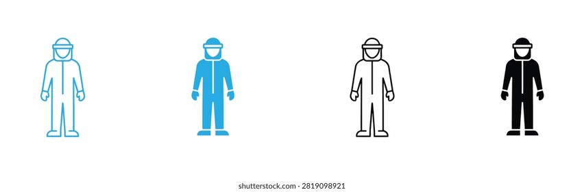 Protective Suit Icon  Vector  Set featuring Hazmat Gear, Biohazard Coverall, Chemical Safety Suit, Beekeeper Uniform, Cleanroom Overall, and PPE Workwear in Outline and Solid Glyph Style Variants .