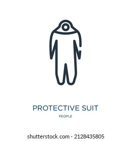 icono de línea delgada de traje protector. protección, encajar iconos lineales del símbolo de contorno aislado de personas. Elemento de símbolo de ilustración vectorial para diseño web y aplicaciones.