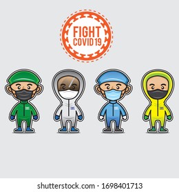 Protective suits character icon illustrations.  Characters wearing radiation Protection Suit
