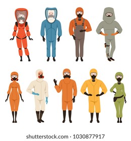 Protective suits set, different protective uniform equipment vector Illustrations isolated on a white background