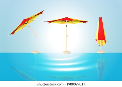 A protective sun umbrella for the beach in the open, bent, folded position. Accessory for your summer vacation or picnic. Vector illustration on a light blue background with white highlights.