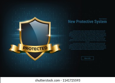 Protective system banner template. Vector glass shield with golden border and ribbon on dark blue background.