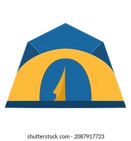 Protective Tent For Camping, Travel, Sports,tourism. A Large Tent For Protection From Wind, Rain, For Rest And Sleep. Blue, Yellow. Vector Icon, Flat, Cartoon, Isolated