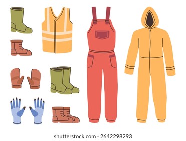 Protective uniform for engineer or construction worker. Vector in flat style, isolated set of safety suit, gloves and rubber boot, vest and footwear. Manufacture health protection measurements