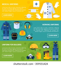 Protective uniform and equipment for medical personnel and construction workers 3 flat banners abstract isolated vector illustration