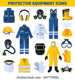 Protective uniform respiratory equipment flat icons collection for medical professionals and construction workers abstract isolated vector illustration