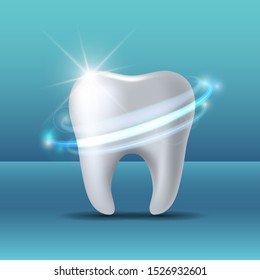 Protective vortex around tooth. Whitening of human tooth. Teeth protection, tooth care dental medical vector concept. 3d vector illustration.
