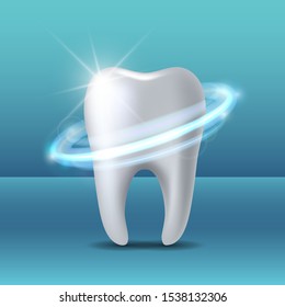 Protective Vortex Around Tooth. Whitening Of Human Tooth. Teeth Protection, Tooth Care Dental Medical Vector Concept. 3d Vector Illustration.