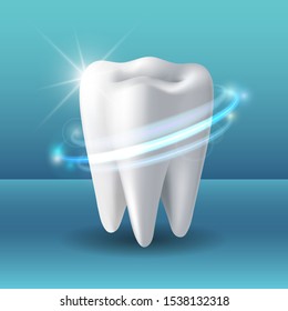 Protective vortex around tooth. Whitening of human tooth. Teeth protection, tooth care dental medical vector concept. 3d vector illustration.