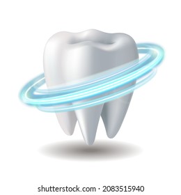 Protective vortex around tooth. Whitening of human tooth. Teeth protection, tooth care dental medical vector concept. 3d vector illustration.