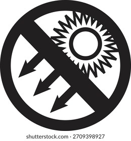 Protective warning symbol showing prohibited exposure to sunlight and radiation, ideal for safety labels, packaging, industrial instructions, hazard communication, and product warnings.