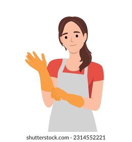 Protective work clothes and accessories concept. Young woman doctor or cosmetologist putting white latex protective medical gloves. Flat vector illustration isolated on white background