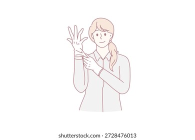 Concepto de ropa de trabajo y accesorios de protección. Mujer joven doctor o cosmetólogo poniendo guantes médicos protectores de látex blanco Ilustración vectorial