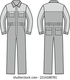 Protective work coverall flat sketch. Working jumpsuit apparel design. Front back. Men CAD mockup. Technical drawing template. Vector illustration.