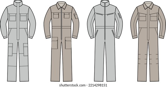 Protective work coverall flat sketch. Working jumpsuit set apparel design. Men CAD mockup. Fashion technical drawing template. Vector illustration.