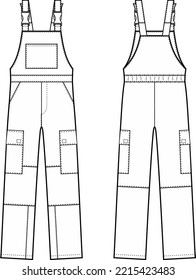 Protective work overall flat sketch. Working jumpsuit apparel design. Front and back. Men CAD mockup. Technical drawing template. Vector illustration.