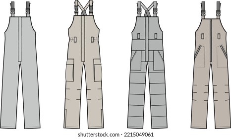 Protective work overall set. Working jumpsuit apparel design. Front view. Men CAD mockup. Fashion technical drawing template. Vector illustration.