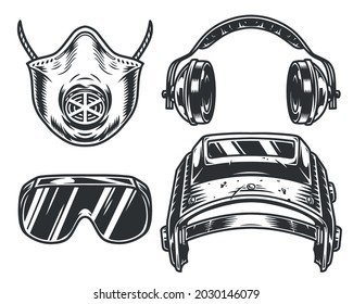 Protective work supplies vintage composition with welding helmet respiratory mask safety headphones and glasses in monochrome style isolated vector illustration