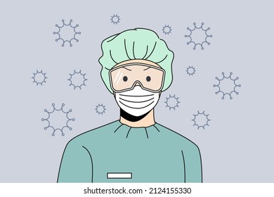 Protective work wear and pandemic concept. Doctor wearing hat mask glasses and uniform standing during covid-19 epidemic and bacterias flying around vector illustration 