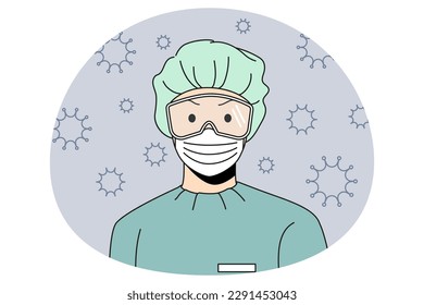 Ropa de trabajo protectora y concepto de pandemia. Doctor con gafas de máscara de sombrero y uniforme de pie durante la epidemia covid-19 y bacterias volando alrededor de la ilustración del vector