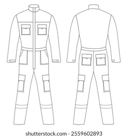 Protective Working jumpsuit set fashion flat technical sketch template vector design