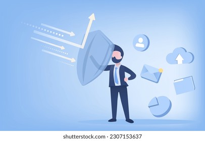 Protector holding a shield reflect an arrow. Support and protect for personal detail, data information, and other sensitive details. Flat vector illustration with copy space.