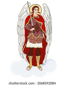 protector and warrior Archangel Michael in armor with sword. Vector illustration. hand drawing icon of Saint Michael Archangel. Religious concept for Catholic and Orthodox communities and holidays
