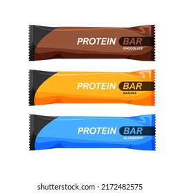 Protein bar chocolate, banana, blueberry flavors. Energy or nutritional bars in trendy flat style. Sport and fitness supplements template. Vector illustration.