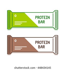 Protein Bar In Green And Brown Pack. Organic Sweets. Sports Nutrition Icons. Vector Illustration Isolated On White Background