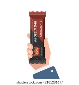 Protein bar in hand illustration in flat style. Fitness dessert vector illustration on isolated background. Energy nutrient sign business concept.