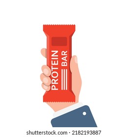 Protein bar in hand illustration in flat style. Fitness dessert vector illustration on isolated background. Energy nutrient sign business concept.