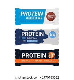 Protein Bar Icon. Protein Snack Chocolate Energy Mockup. Vector Flat Packet Design