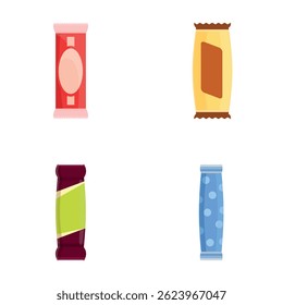 Protein bar icons set cartoon vector. Various protein bar in colorful packaging. Energy snack