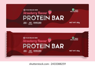 Diseño de empaquetado de etiquetas de barras de proteínas, diseño de papel de envoltura de chocolate con sabor a fresa, ideas de diseño de empaquetado de barras Descargar ilustración vectorial editable. Snacks Protein Bar Diseño de plantilla de marca.