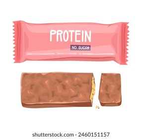 Protein bar with no sugar in pink packaging and unwrapped. Healthy snack. Vector illustration. Fitness concept.