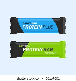 Conjunto de vetores de barra de proteína isolado do fundo. Barra energética ou nutricional envolto em um estilo plano. Suplementos esportivos e de fitness.